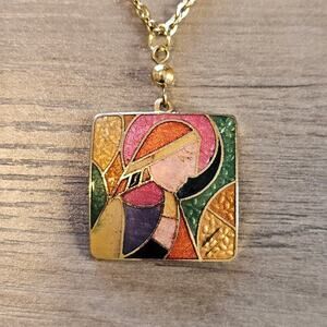 Vintage Cloisonne Praying Nun Religious Figure Gold Necklace